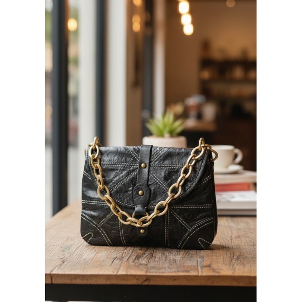 Tracy Reese Black Leather Gold Chain‎ Shoulder Bag Y2K